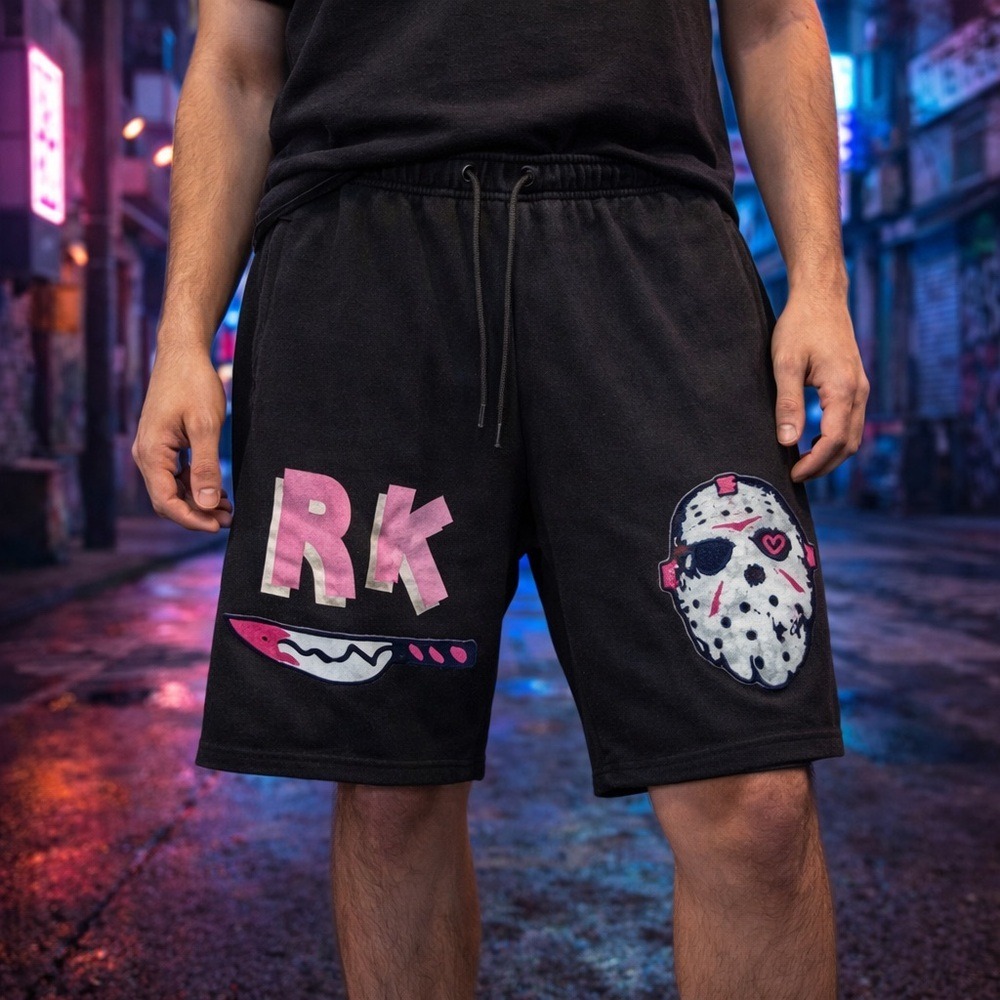 Casual Shorts Horror Graphic Black Mens 36 Waist Drawstring Scary Hockey Mask